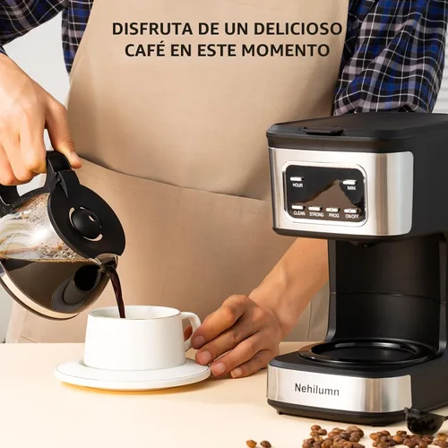 Miniatura 8 de Cafetera programable para 5 tazas, filtro reutilizable, indicador de nivel de agua transparente, apagado automático, cafetera negra y de acero