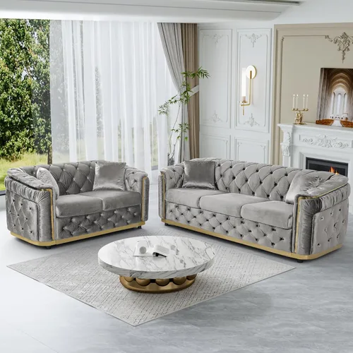 Miniatura 16 de DAMAIFROM Juego de sofá de terciopelo de lujo beige y dorado, moderno de mediados de siglo, sofás Chesterfield copetudos y patas doradas, juego de 2