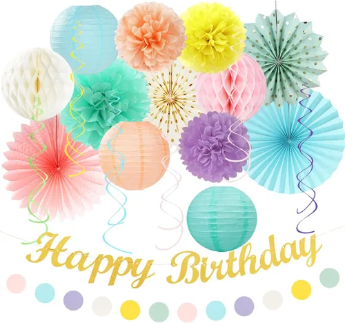 Miniatura 16 de Paquete de decoración de fiesta de cumpleaños para mujeres y hombres - 21 piezas. Banner feliz, papel de banderines, linternas de panal, pompones