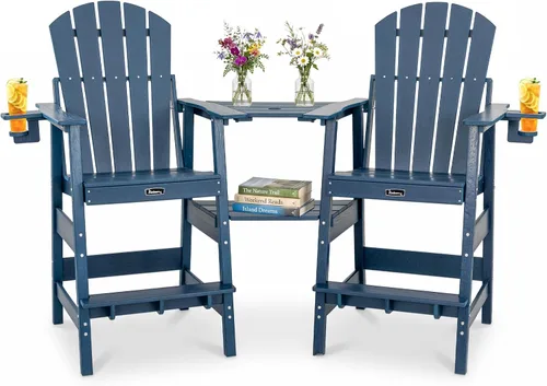Miniatura 14 de FUNBERRY Juego de 2 sillas altas Adirondack con mesa de conexión extraíble, silla de balcón alta para todo tipo de clima con portavasos 2