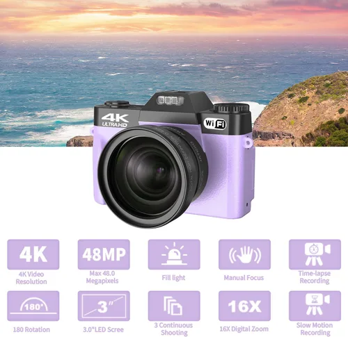 Miniatura 3 de Cámaras digitales para fotografía, cámara de videoblogs 4K de 56 megapíxeles con zoom digital 16X, enfoque manual recargable, cámara compacta