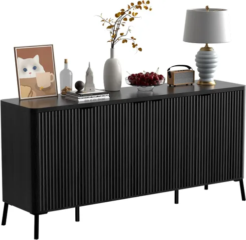Miniatura 8 de Armario buffet, aparador grande de 63 pulgadas con almacenamiento, aparador moderno acanalado con 4 puertas, gabinete de almacenamiento de madera