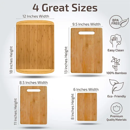 Miniatura 2 de Juego de 4 tablas de cortar de bambú, tablas de cortar de madera para cocina con ranura para jugo, bloque de carnicero grande, tabla de queso