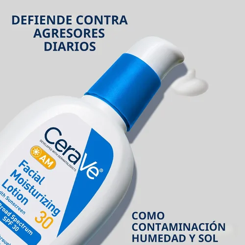 Miniatura 3 de CeraVe AM Loción hidratante facial con SPF 30, hidratante facial sin aceite con SPF, formulado con ácido hialurónico, niacinamida y ceramidas,