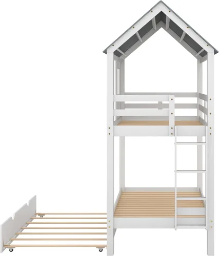 Miniatura 7 de JIVOIT Litera de madera con diseño de techo y ventanas, litera individual sobre individual con nido y escalera integrada para niños, adolescentes