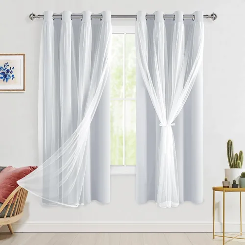 Miniatura 27 de Hiasan Cortinas opacas con superposición transparente, aislamiento térmico para mezclar y combinar de doble capa, cortinas de oscurecimiento de Beige