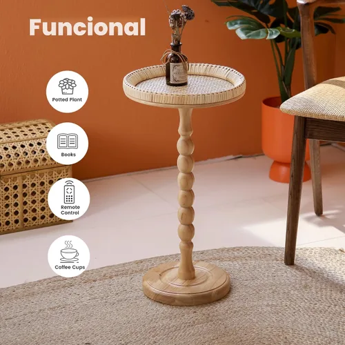 Miniatura 7 de Mesa auxiliar redonda de ratán pequeña para espacios pequeños, mesa auxiliar circular bohemia con patas de madera maciza para sala de estar, mesa