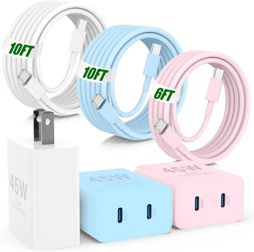 Miniatura 20 de USB C de carga súper rápida de 65 W para iPhone 17 16 Pro Max, bloque de carga USB C de 3 puertos de 100 W y cable trenzado tipo C de 3/6/6/10 pies