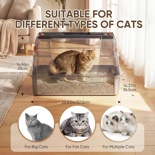 Miniatura 6 de Caja de arena de acero inoxidable 304 con tapa abatible, fácil de limpiar, caja de arena cerrada para gatos grandes, lados altos para pulverización