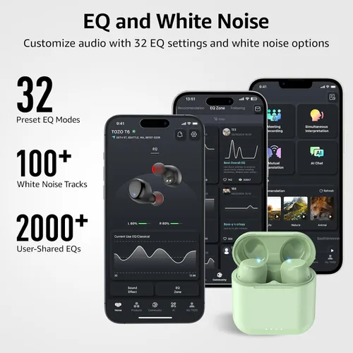 Miniatura 6 de TOZO Auriculares inalámbricos T6, auriculares Bluetooth 5.3, sonido estéreo en el oído, 50 horas de reproducción, estuche de carga inalámbrica, Verde
