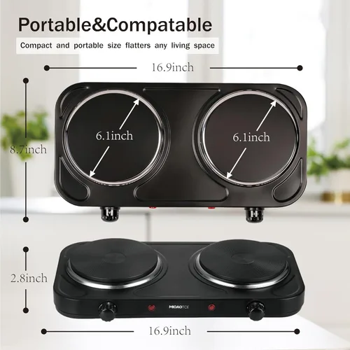Miniatura 2 de Quemador de hierro fundido doble para encimera, placa eléctrica de 1800 vatios con temperatura ajustable de 6.1 pulgadas, placa de cocina