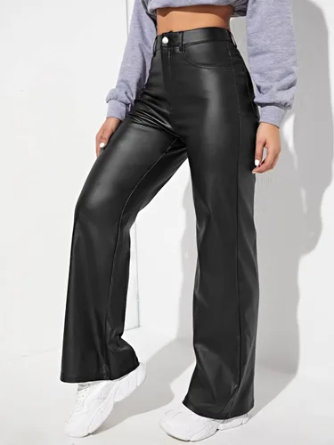 Miniatura 4 de MakeMeChic Pantalones de mezclilla de piel con bolsillos de cintura alta para mujer