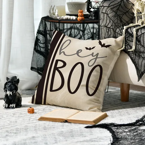 Miniatura 4 de AVOIN colorlife Juego de 4 fundas de almohada de Halloween Hey Boo con diseño de fantasma, 16 x 16 pulgadas, para sofá