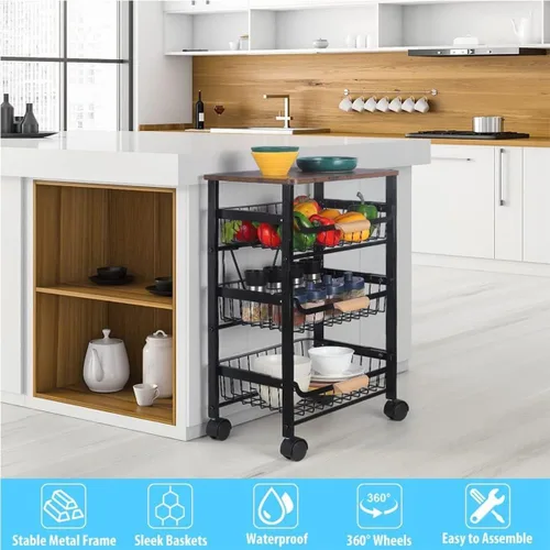 Miniatura 4 de Carrito de almacenamiento de cocina con ruedas, carrito de cocina con almacenamiento y ruedas, carrito de metal rodante de malla, carrito