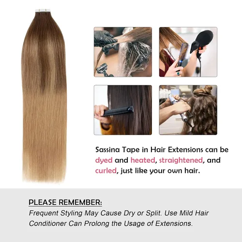 Miniatura 8 de Sassina Extensiones de Cabello Humano con Cinta Negro Azabache 12 Pulgadas 30g/paquete 20pcs Liso Sin Costuras Trama de Piel Extensiones de Cabello