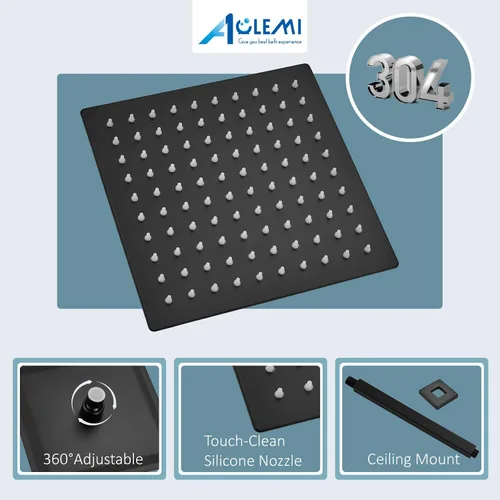 Miniatura 7 de Aolemi Sistema de ducha de montaje en techo de 16 pulgadas, cabezal de ducha de lluvia negro mate con 3 funciones, rociador de mano ABS para baño