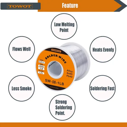 Miniatura 3 de TOWOT Alambre de soldadura con núcleo de colofonia de estaño y plomo para soldadura eléctrica, contenido 1.8% de flujo de soldadura Sn60-Pb40