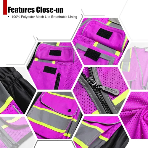 Miniatura 4 de Chaleco de seguridad reflectante para mujer, chaleco de malla de alta visibilidad con 8 bolsillos y cremallera frontal, chaleco de alta visibilidad