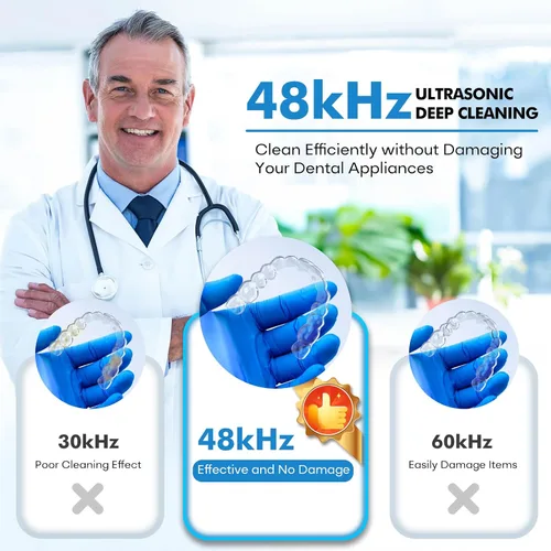 Miniatura 7 de Máquina limpiadora ultrasónica mejorada de retenedores, limpiador ultrasónico de dentaduras postizas de 48 kHz para protectores bucales, aparatos