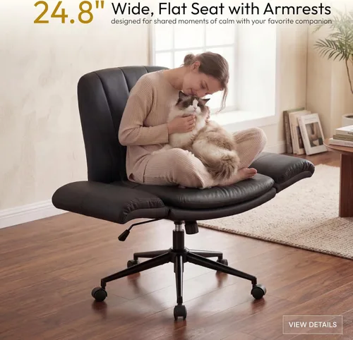 Miniatura 6 de Dowinx Silla Criss Cross con brazos y ruedas ajustables de cinco niveles - Cómoda silla giratoria ergonómica de cuero PU para tocador - Silla