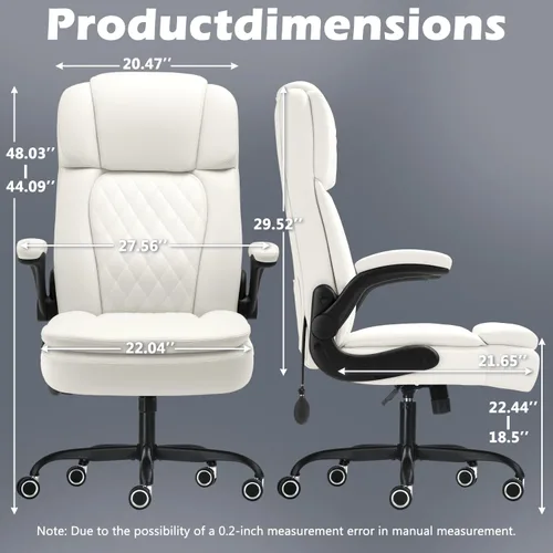 Miniatura 3 de Silla de oficina ejecutiva grande y alta de 450 libras con brazo abatible, silla de escritorio de cuero resistente, cómoda silla giratoria de Blanco