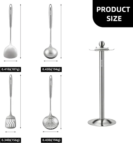 Miniatura 3 de Juego de utensilios de cocina de 5 piezas, juego de utensilios de cocina de acero inoxidable 18/8 con soporte giratorio (apto para lavavajillas)