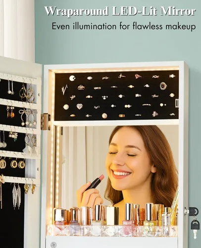 Miniatura 6 de LUXFURNI Espejo con luces LED, armario de joyería montado en la pared o para colgar en la puerta, espejo de longitud completa de 42 pulgadas