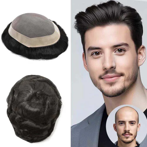 Miniatura 51 de Hombres Toupee Cabello Humano Durable Fine Monofilamento Toupee para hombre Línea capilar Natural Hombres Hairpiece Sistema de Cabello Humano