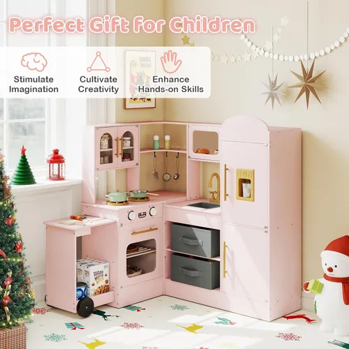 Miniatura 9 de Costzon Cocina de Juego de Esquina, Pequeño Chef Cocina de Juego de Simulación con Luz y Sonido Reales, Carrito Extraíble, Contenedores de Tela