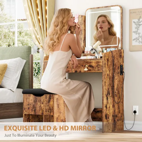 Miniatura 6 de GarveeHome Escritorio de tocador con espejo de luz LED y estación de carga, pequeño juego de mesa de tocador de maquillaje con cajones