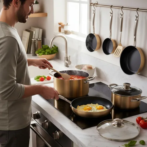 Miniatura 4 de NutriChef Juego de utensilios de cocina antiadherentes de 14 piezas con cacerola, sartenes, ollas de cocina, olla de horno holandés, tapas, Dorado