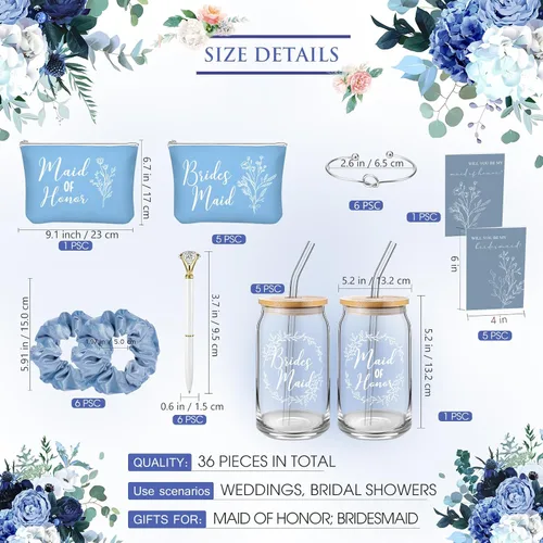 Miniatura 2 de Irenare Juego de 36 Piezas de Regalos de Propuesta de Dama de Honor Set de 6 ¿Serás Mi Dama de Honor? Taza de Vidrio de 16 oz Bolsas de Cosméticos