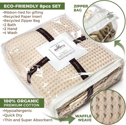Miniatura 2 de Softerry Juego de toallas de baño europeas de tejido gofre, de 8 a 100 % algodón orgánico, de secado rápido, sin pelusas, delgadas y absorbentes