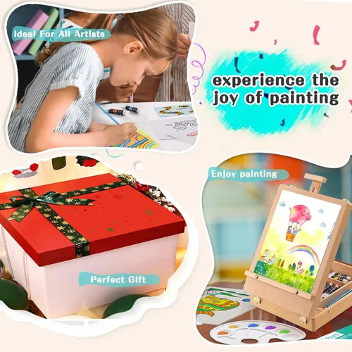 Miniatura 7 de Inburit Juego de Pintura de Arte con Caja de Caballete de Madera, 24 Colores de Pinturas Acrílicas, 8 Pinceles, 6 Paneles de Lienzo Kit de 54