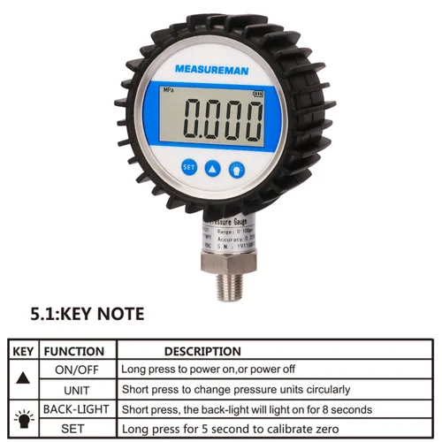 Miniatura 5 de MEASUREMAN Tamaño del dial de 3-1/8", medidor de presión digital, 0-100psi/bar/Mpa/Kpa, montaje inferior NPT de 1/4", precisión del 0.25%