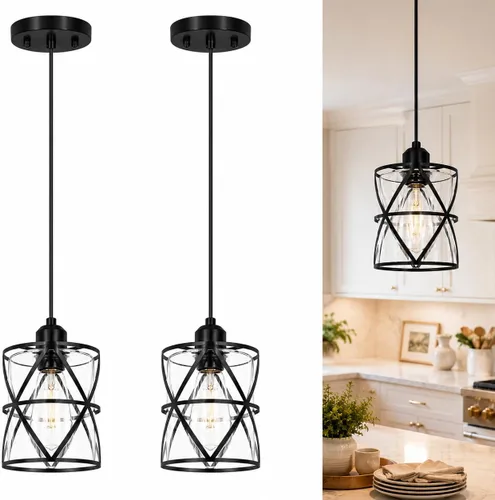 DSMJFU - Paquete de 2 luces colgantes negras, iluminación colgante ajustable de vidrio transparente moderno para cocina, isla, dormitorio, baño,