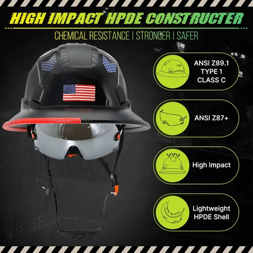 Miniatura 2 de Cascos De Construcción de ala completa Cascos de seguridad aprobados por OSHA con visera transparente - Casco de seguridad de construcción ventilado