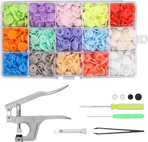 Kamtop Juego de alicates a presión, 120 juegos de botones a presión de plástico T5 de 15 colores, broches de presión, alicates de presión,