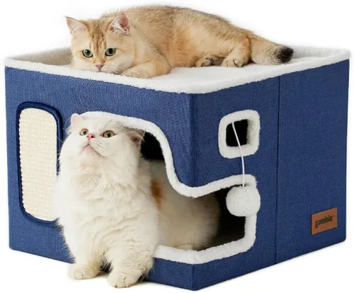 Miniatura 9 de ZOMISIA Casa Extra-Ancha para Gatos de Interior – Casa Grande para Gatos para Mascotas con Pompón Colgante y Almohadilla Rascadora, Refugio Plegable