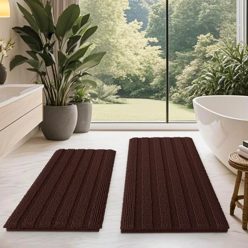 Miniatura 12 de ACCUMTEK - Juego de alfombras de baño a rayas beige de 3 piezas, ultrasuaves, antideslizantes de chenilla, alfombras de baño mullidas y absorbentes