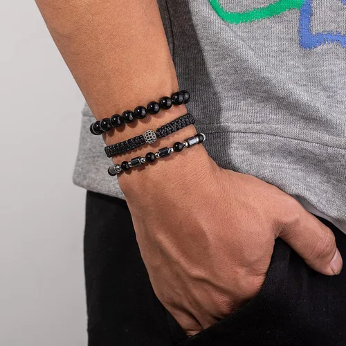 Miniatura 2 de Lynnaneo Juego de pulseras de cuentas para hombre de 0.315 in y 0.157 in de piedras preciosas curativas trenzadas con dije de circonita cúbica