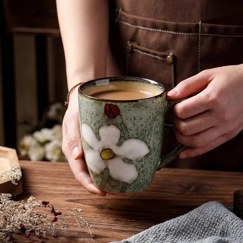 Miniatura 4 de Maxdot Juego de tazas de café de cerámica de 12 onzas, proceso de acristalamiento, taza de capuchino, tazas de té de cerámica floral, regalo