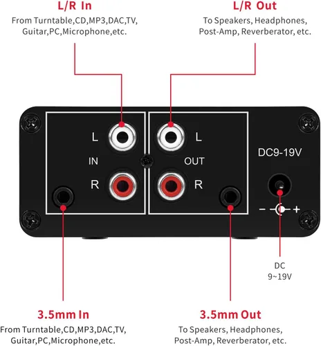 Miniatura 5 de Mini preamplificador de audio estéreo pequeño, amplificador de auriculares, ganancia de 20 dB Phono Turntable Phonograph preamplificador