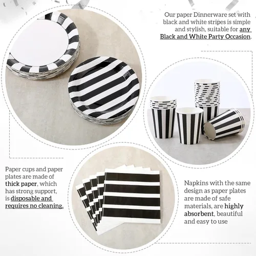 Miniatura 3 de Bokon 350 decoraciones de fiesta en blanco y negro incluyen 100 platos de papel a rayas, 50 vasos de papel, 50 servilletas, 50 cuchillos, 50