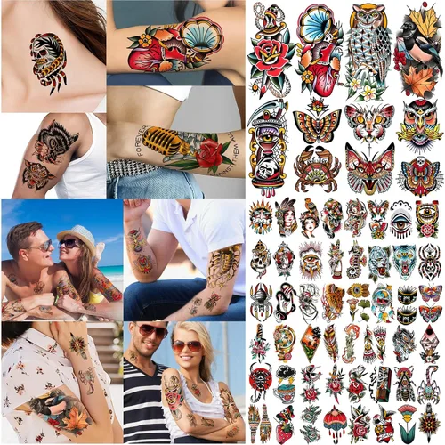 Miniatura 4 de Yazhiji 77 hojas de tatuajes falsos impermeables para hombres o mujeres, 17 hojas más grandes, mitad brazo, búho, peonía, mariposa, serpiente