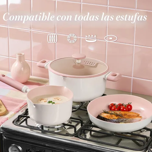 Miniatura 5 de CAROTE Juego de utensilios de cocina de cerámica antiadherente, 15 piezas de ollas y sartenes antiadherentes, no tóxicos, lavavajillas, juego de Rosa