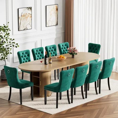 Miniatura 37 de Mesa de comedor redonda extensible de 94 pulgadas con base de almacenamiento, mesa de comedor expandible natural para 10, mesa de comedor de madera