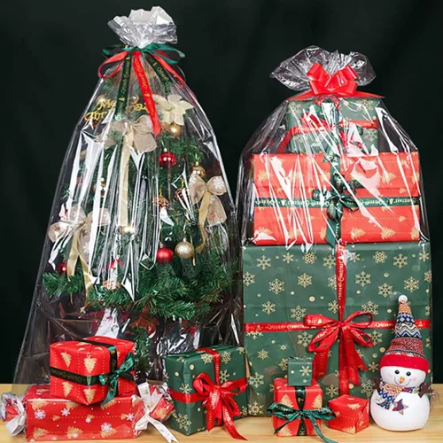 Miniatura 4 de JOYIT 10 piezas de envoltura de celofán extra grande para cestas de regalo, bolsas de celofán transparente de 35 x 55 pulgadas con 10 lazos rojos
