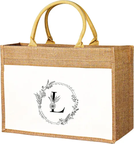 Miniatura 13 de JUSTOTRY Bolsa de mano con inicial, yute natural, grande, 13 onzas, personalizada, bolsa de lona con monograma, regalo para mujer