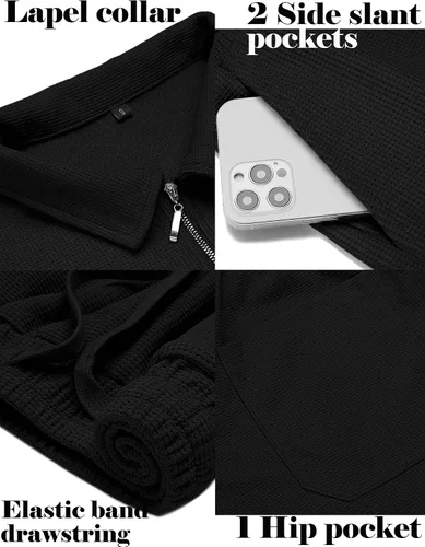 Miniatura 5 de Babioboa Conjunto de camisa polo de manga corta y pantalones cortos para hombre, conjunto de verano de dos piezas con 3 bolsillos con cremallera